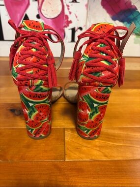 Betsey Johnson Red Watermelon Print Block Heel Sandals with Ankle Tie